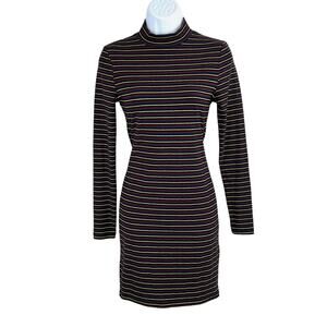 Topshop Black Maroon Gold Striped Long Sleeve Mock Neck Bodycon Mini Dress 6